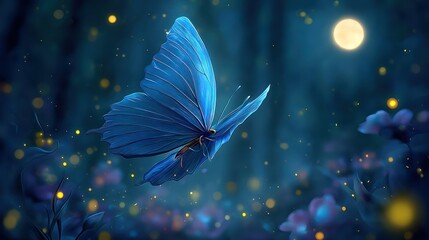 Blue butterfly soaring over moonlit flowers, surrounded by ethereal glowing lights