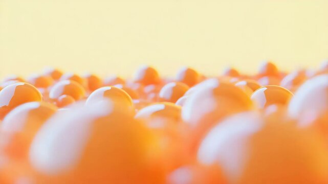 Vibrant bunch of orange balls displayed together alongside a group of fresh brown eggs on white surface