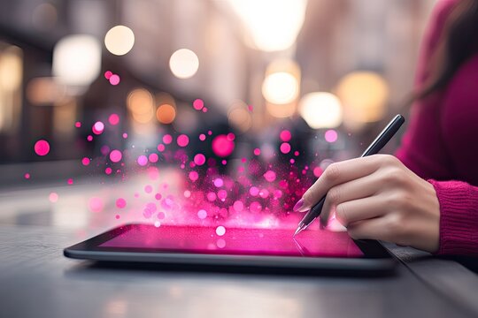 Person using tablet with pink digital effects - Powered by Adobe