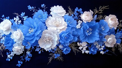   A cluster of blue and white blossoms against a dark backdrop with blue and white flora in the foreground