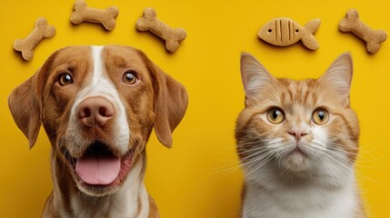 Playful dog and cat with treats on yellow background