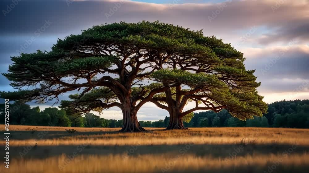 Poster two large trees in a field under a cloudy sky, nature landscape with field. majestic trees and fores