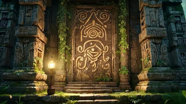 Ancient stone temple ruins in jungle with moss and door carvings, adventure concept.