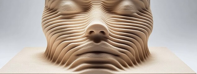 Abstract sculpted head, light beige, layered lines
