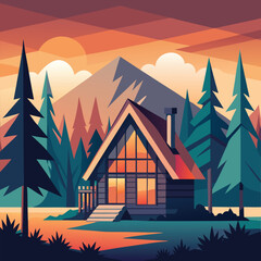 Cozy Forest Cabin at Sunset A Flat-Style Illustration