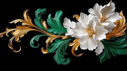   A painting of two white flowers with contrasting green leaves on a dark background, adorned with golden highlights