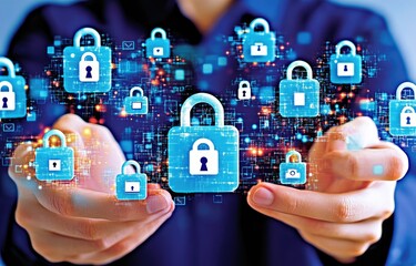 Hands holding digital padlock network