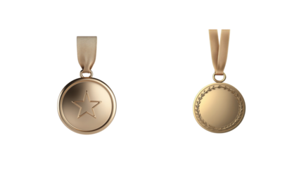 Two elegant gold medals with star and laurel designs displayed side by side