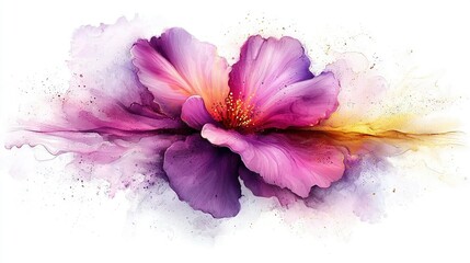   A watercolor painting of a purple flower with yellow stamen and yellow stamen