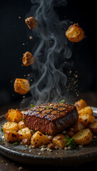 “Grilled Steak with Roasted Potatoes and Fresh Herbs Served Hot on Dark Background”