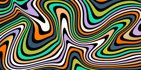 Abstract colorful swirling pattern with vibrant colors and dynamic liquid textures Abstract linear distorted pattern. Retro hippie colorful background with wavy psychedelic texture