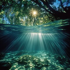 Sunlight streams through tropical foliage into a shallow, underwater scene