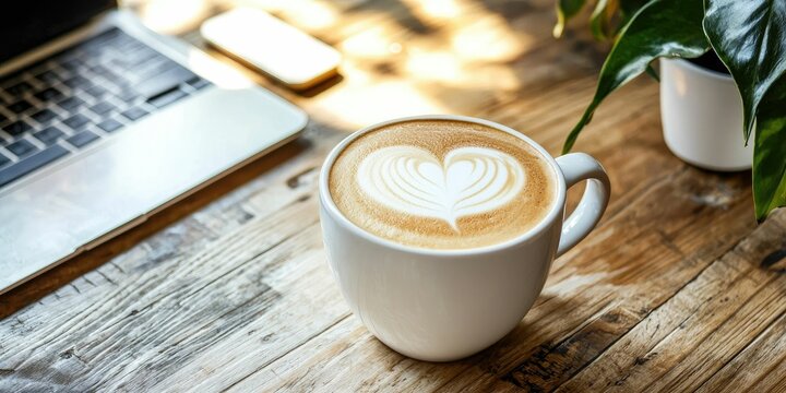 Morning vibes workspace with white ceramic cup of heart-shaped latte foam