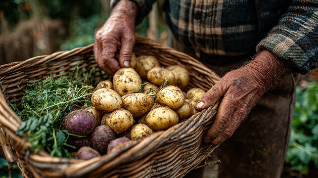 Close up of a farmer holding a basket filled with freshly harvested potatoes and green herbs outdoors