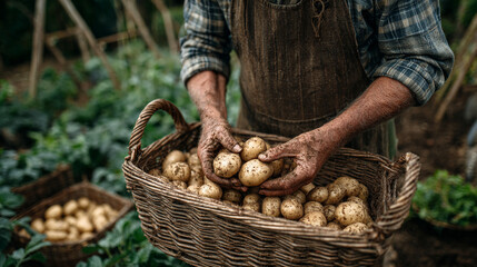 A farmer holding potatoes in a basket after harvesting in the field with dirt on his hands and apron