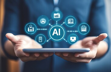 Hands holding a tablet displaying a holographic AI network