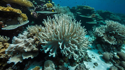 Mass coral bleaching in the ocean reef