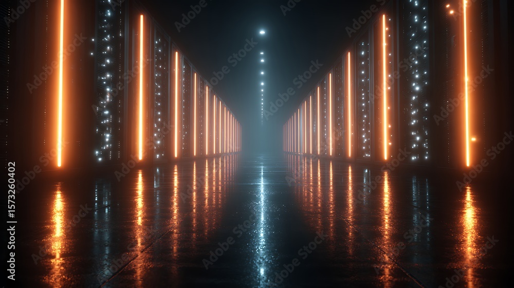 Poster holographic server room with rows of glowing light beams encoding future ai solutions vertically
