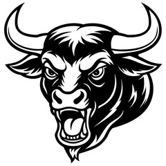 Fierce black and white bull head mascot with open mouth