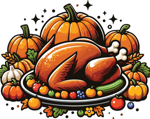 Festive Thanksgiving Feast Clipart with Roasted Turkey and Harvest Decor