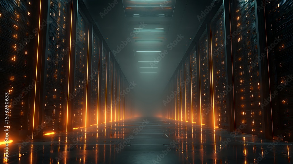 Poster holographic server room with rows of glowing light beams encoding future ai solutions vertically