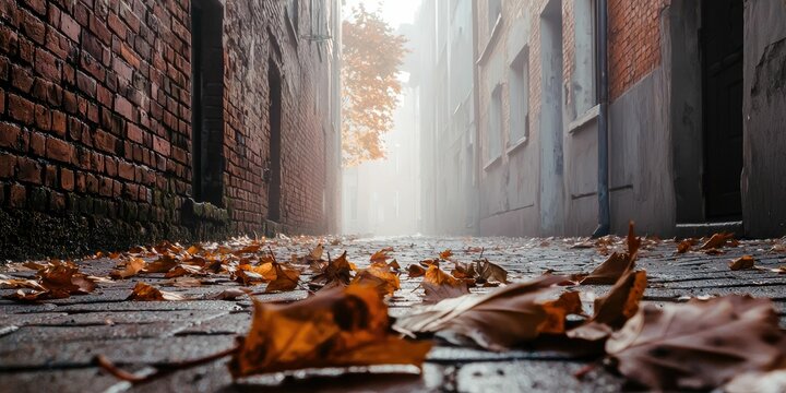 Mysterious fog creeping through a deserted city alley, brown and orange leaves crunching underfoot