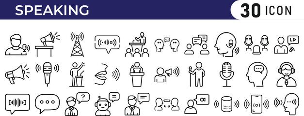 Speaking icon set. Containing speak, phone, mail, contact, chat, website, satellite, radio, antenna, message, connection, news and more.