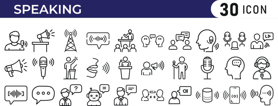 Speaking icon set. Containing speak, phone, mail, contact, chat, website, satellite, radio, antenna, message, connection, news and more.