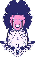 Retro Tattoo Style sad orc barbarian character face with natural one d20 roll in bright neon color