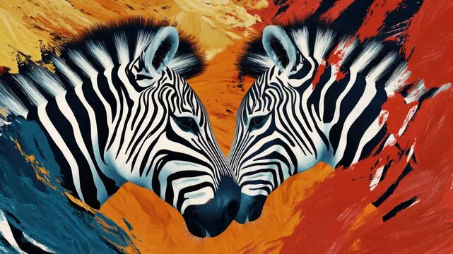 Two zebras facing each other against a vibrant background.