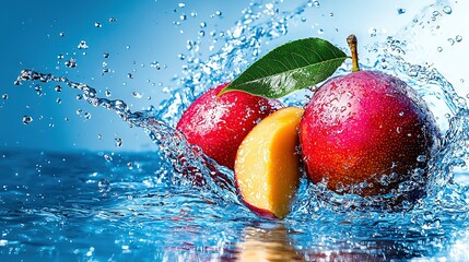   Two Apples Splash Into Water - 

Two apples splash into the water One has a green leaf on top, while the other features an orange