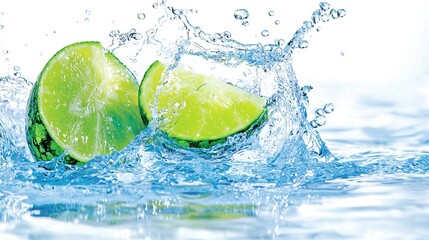   A few limes float in clear water, splashing lightly, set against a white backdrop