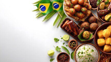 A vibrant array of Brazilian dishes elegantly arranged on a surface, complemented by miniature Brazilian flags