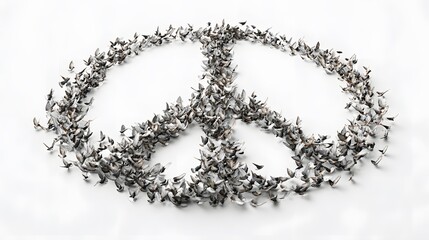 The iconic peace symbol creatively formed with a multitude of birds, symbolizing unity, hope, and tranquility