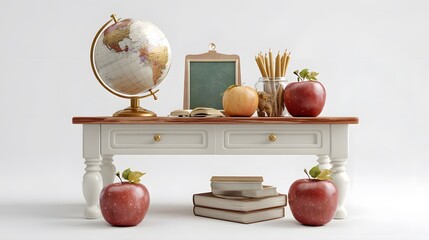 A charming school desk adorned with educational objects, including a globe, apples, and pencils, evokes a sense of learning and exploration.