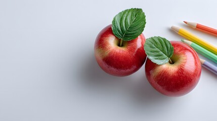 Vibrant red apples and colored pencils arranged on a surface, symbolizing education or creativity. The apples are fresh and appealing, complemented by the bright pencils