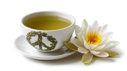 A cup of green tea with a peace sign alongside a white lotus flower, evoking tranquility. The drink and flower create a serene image