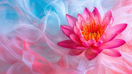   A close-up of a pink water lily on a blue and pink backdrop with white and pink swirls surrounding it