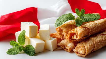 Peruvian cuisine: Cheese and pastries with mint leaves and Peruvian flag in the background 