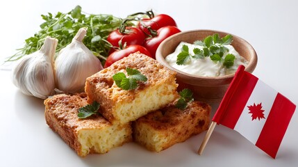 Close up shot of a tasty sliced omelet, accompanied by a refreshing salad, ripe tomato, garlic, and creamy sauce, with a Canadian flag