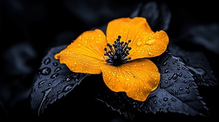   Close-up of yellow flower with water droplets on petals and black leaves with water droplets