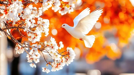   White bird flying above tree with white blossoms and building backdrop
