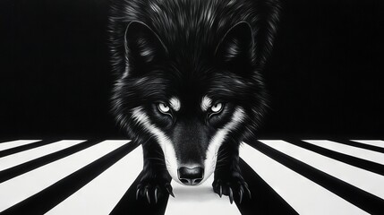  A grayscale photograph of a gray wolf against a gray-striped background