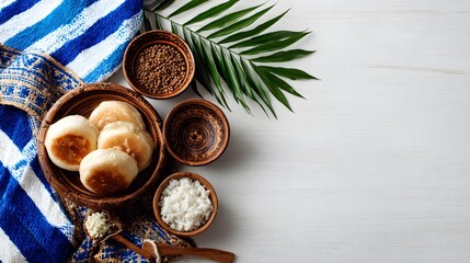 An eye-level shot that showcases a spread of foods and ingredients set against a stylish backdrop, presenting a feast of textures and flavors.