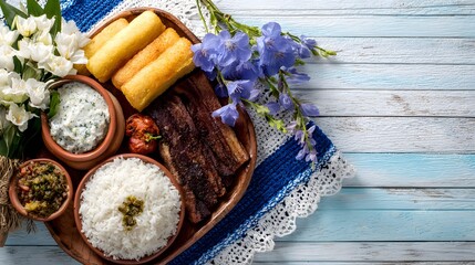 A captivating overhead shot showcases a delectable platter brimming with a variety of savory food items, artfully arranged alongside beautiful flowers, all resting on a charming wooden surface.