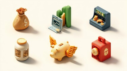 Plasticine-style icons pack: money bag, stock chart, ATM, savings jar, coin with wings, secure vault, isometric