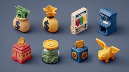 Plasticine-style icons pack: money bag, stock chart, ATM, savings jar, coin with wings, secure vault, isometric