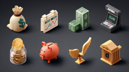 Plasticine-style icons pack: money bag, stock chart, ATM, savings jar, coin with wings, secure vault, isometric