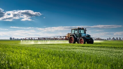 Tractor spraying green crops in bright agricultural field under blue sky
