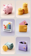 Set of 6 colorful clay-style finance icons, piggy bank, coin stack, credit card, chart arrow, wallet, dollar bill
